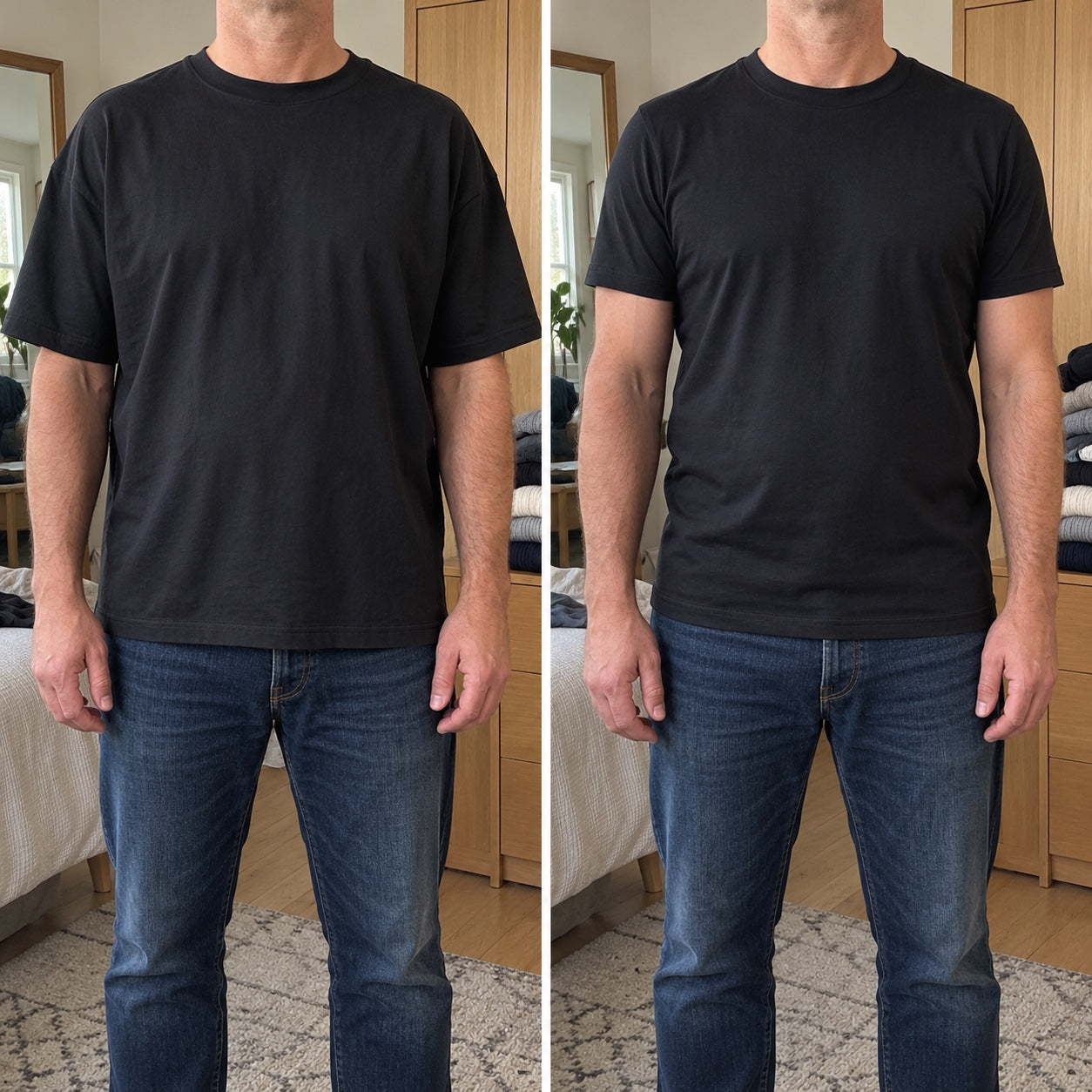 AI fit illustration in a real-life home setting, same man wearing a regular tee and the Iconic; not a customer photo.