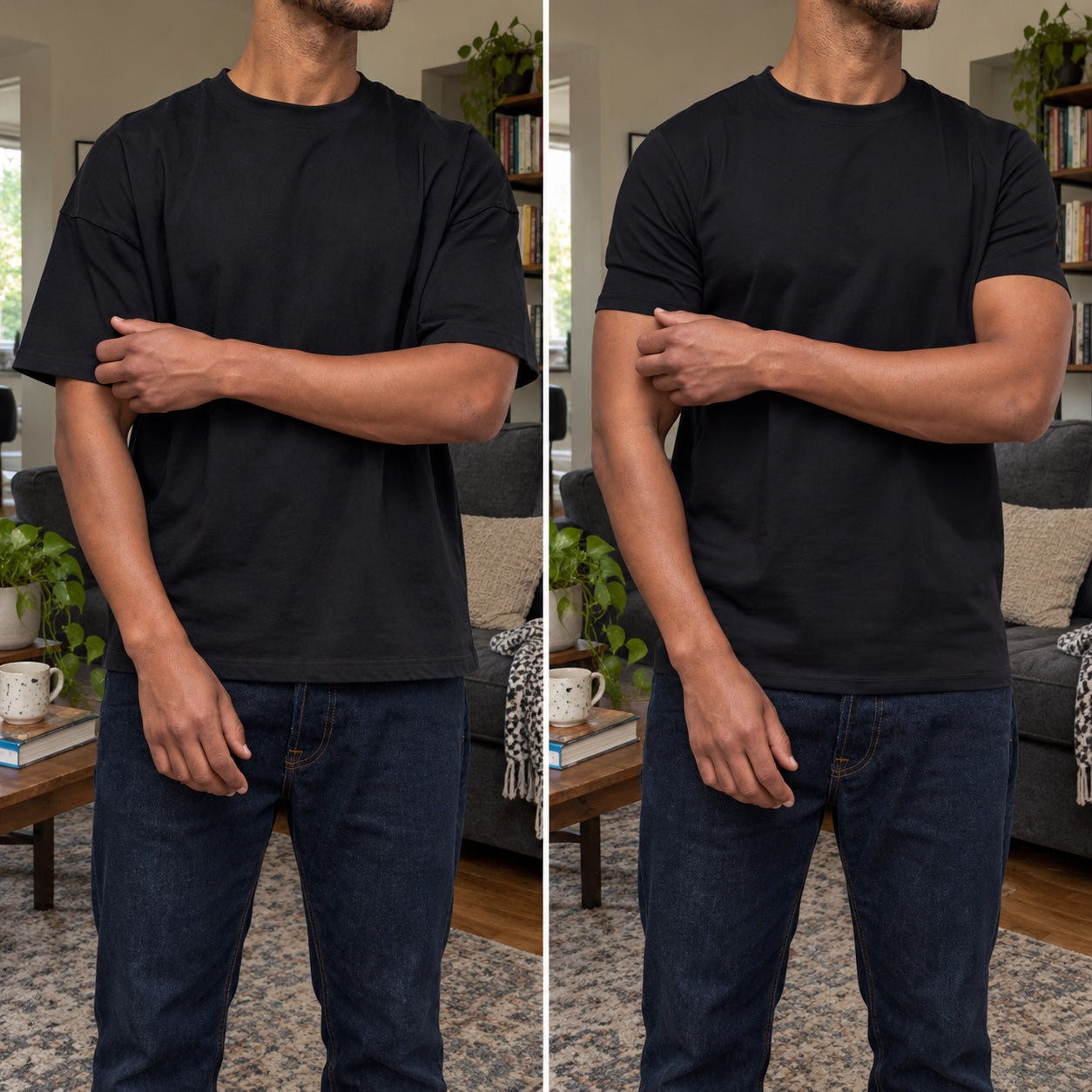 AI fit illustration in a real-life home setting, same man wearing a regular tee and the Iconic; not a customer photo.
