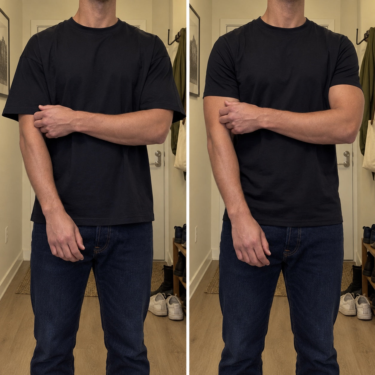 AI fit illustration in a real-life home setting, same man wearing a regular tee and the Iconic; not a customer photo.