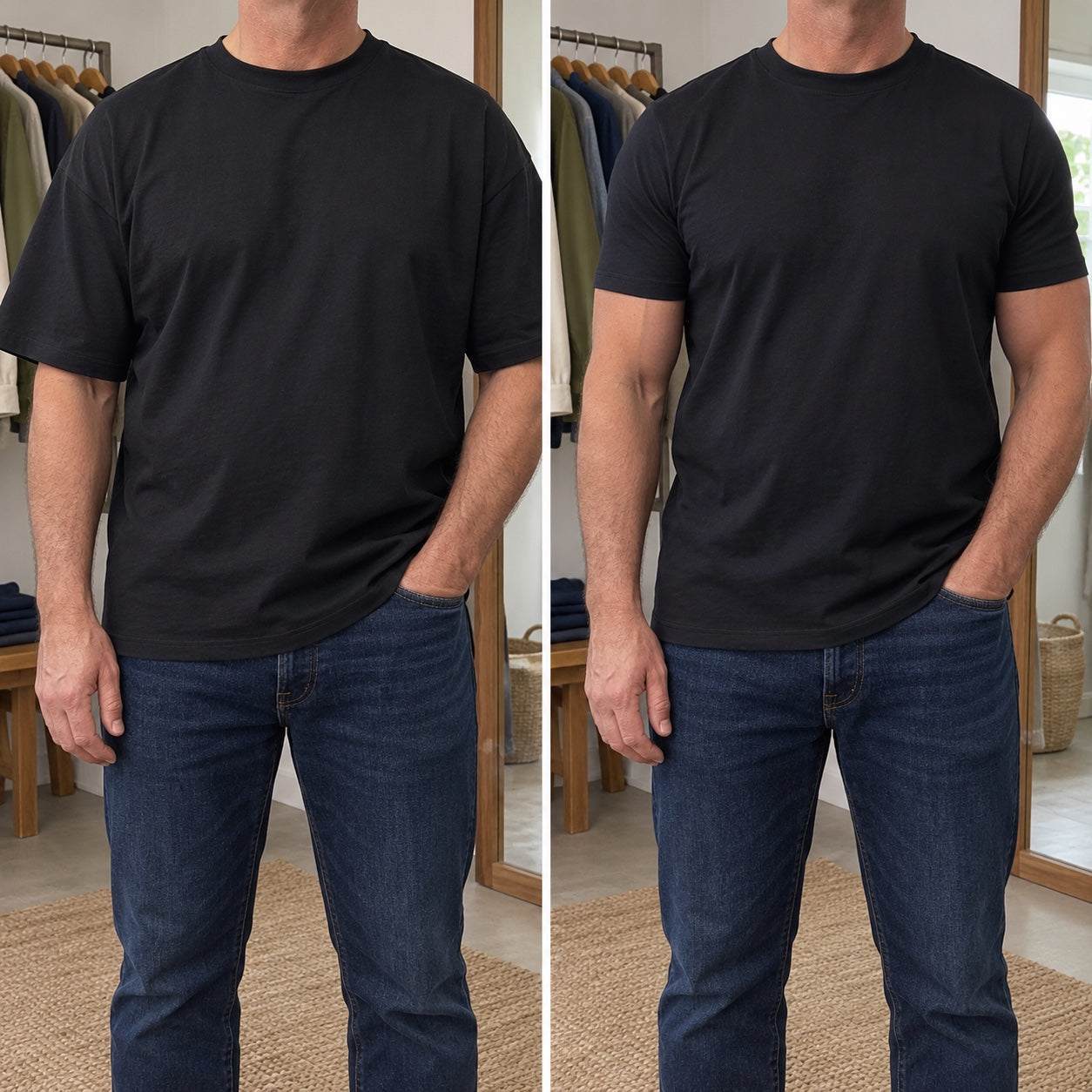 AI fit illustration in a real-life home setting, same man wearing a regular tee and the Iconic; not a customer photo.
