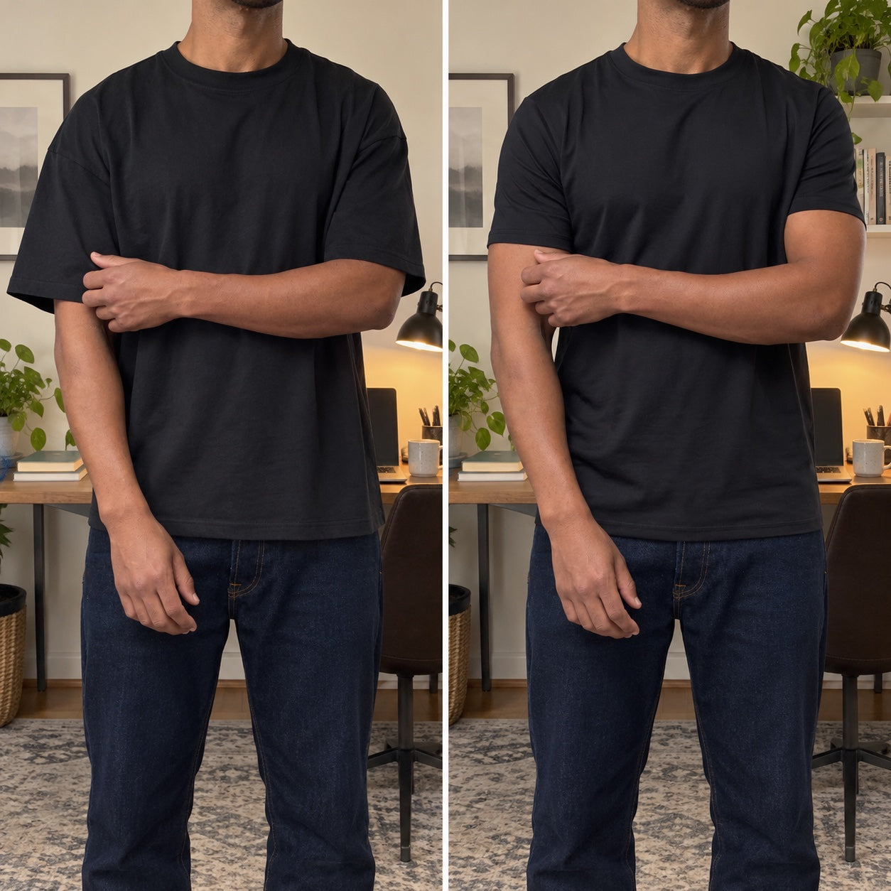 AI fit illustration in a real-life home setting, same man wearing a regular tee and the Iconic; not a customer photo.