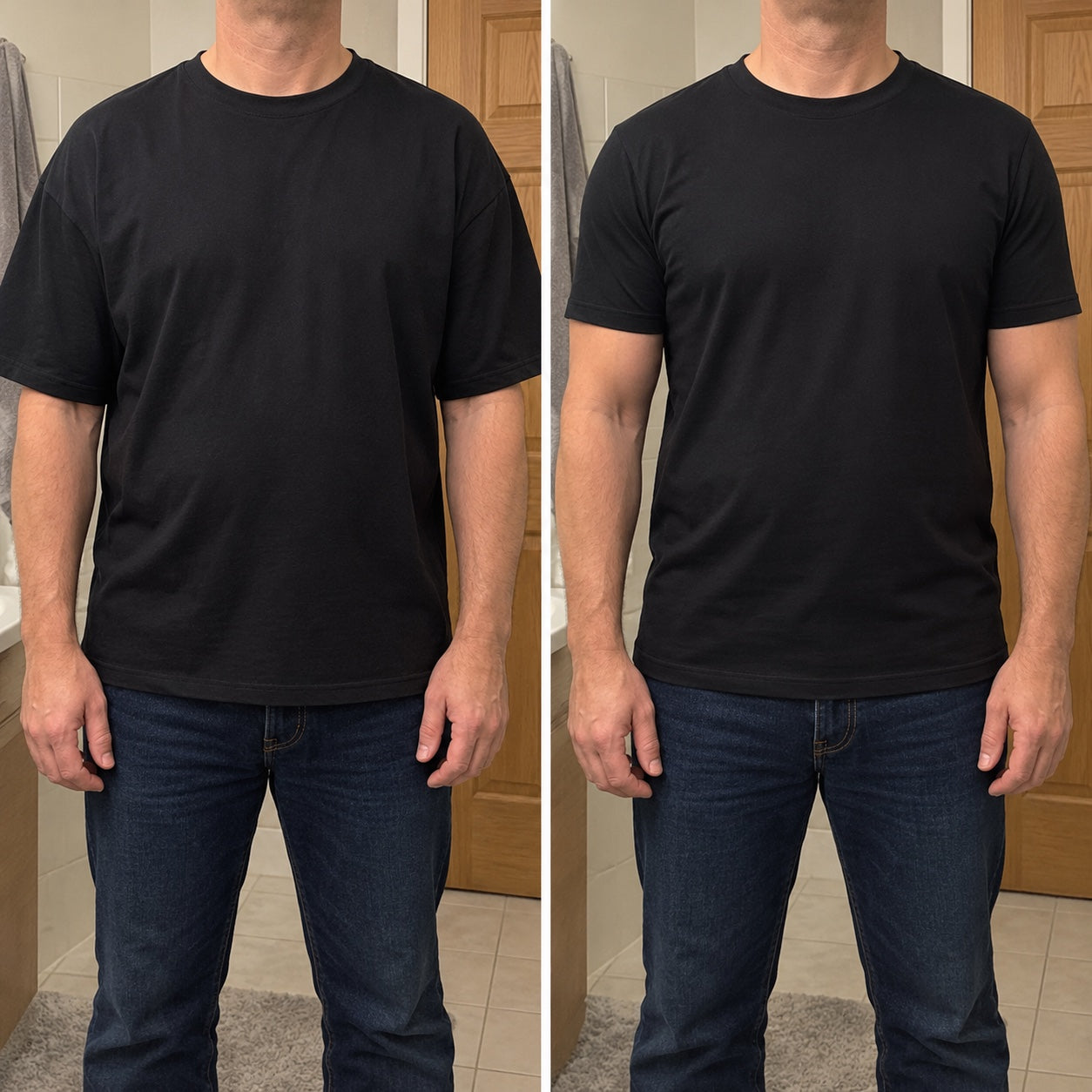 AI fit illustration in a real-life home setting, same man wearing a regular tee and the Iconic; not a customer photo.