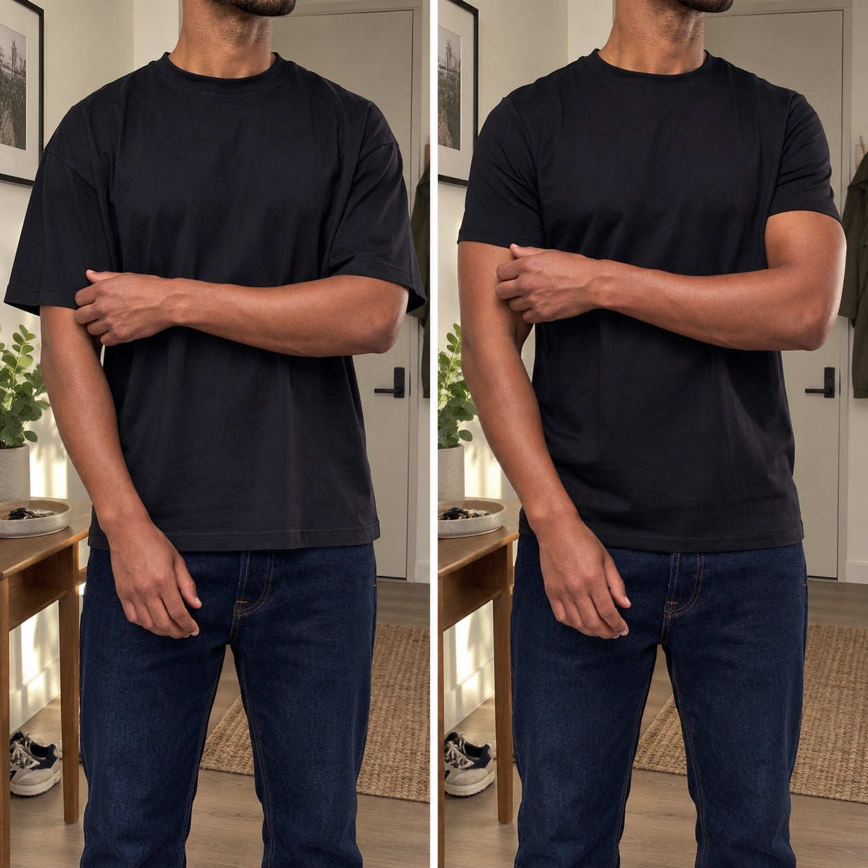 AI fit illustration in a real-life home setting, same man wearing a regular tee and the Iconic; not a customer photo.