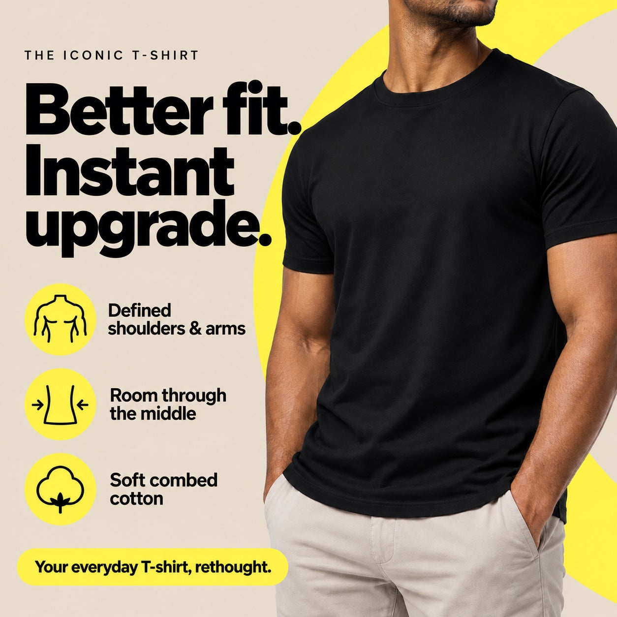 Better fit. Instant upgrade. Defined shoulders and arms, room through the middle, soft combed cotton.