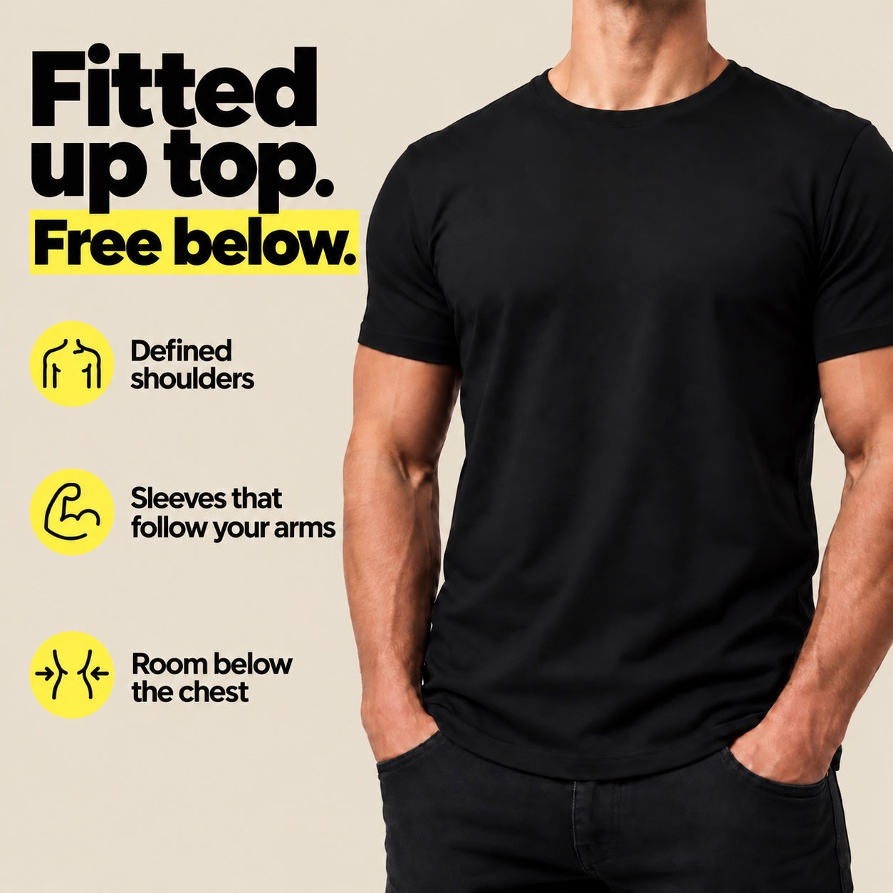 Fitted up top. Free below. Defined shoulders, sleeves that follow your arms, room below the chest.