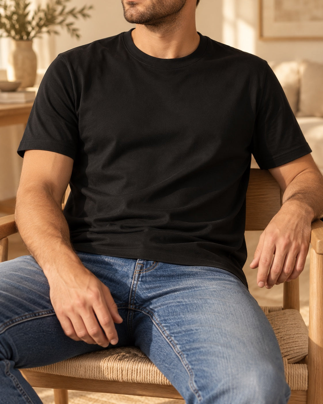 The black Iconic falling naturally through the middle while seated.